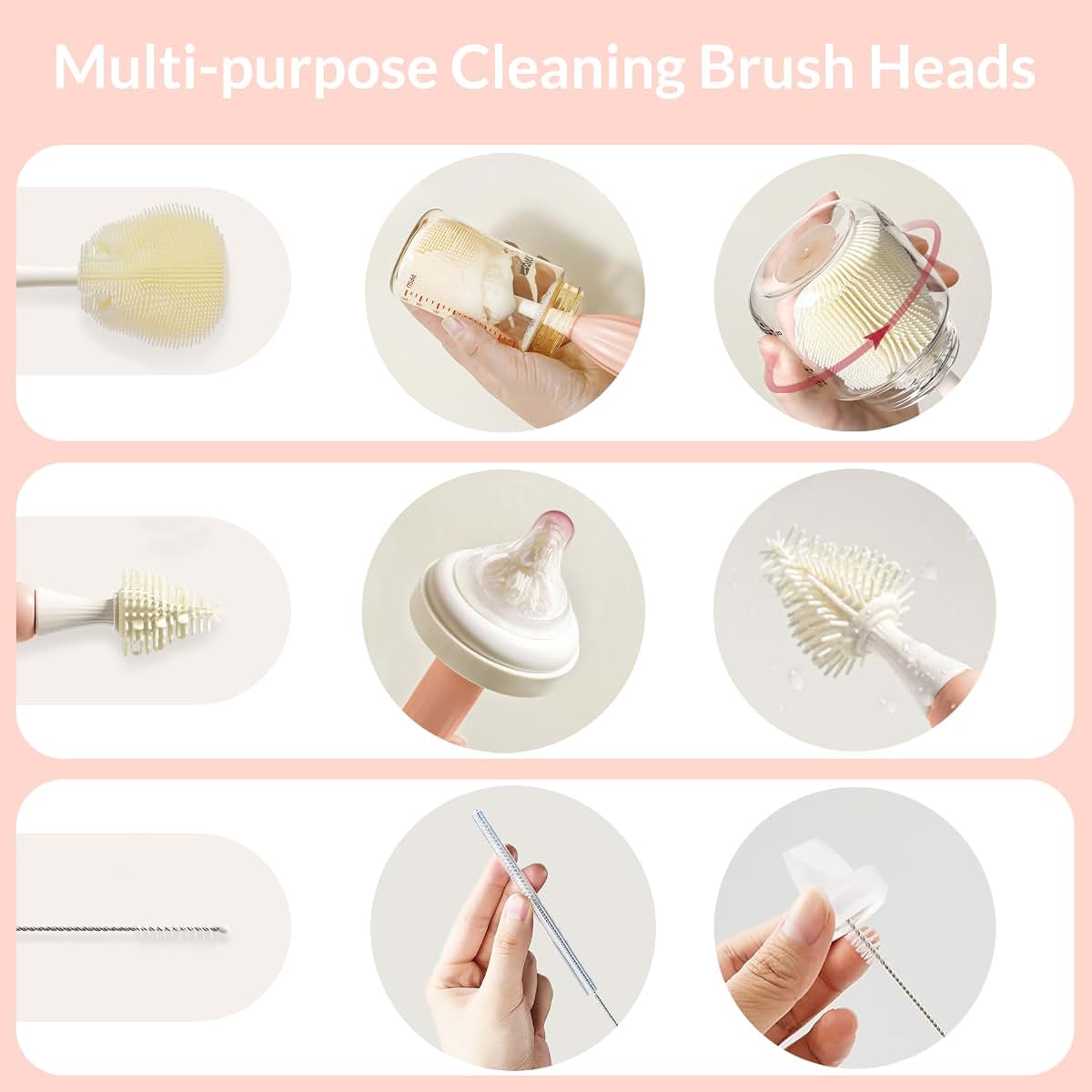 biqin Baby Bottle Brush Kit with Push-Press Foam and Drying Rack, Pink