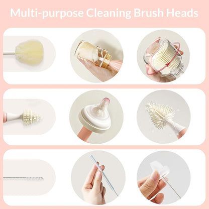 biqin Baby Bottle Brush Kit with Push-Press Foam and Drying Rack, Pink