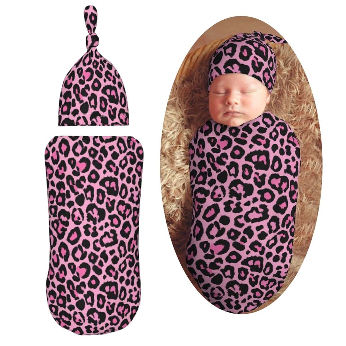 AuHomea Leopard Print Newborn Swaddle Blanket with Beanie Set, Adjustable Polyester Wrap for 0-6 Months