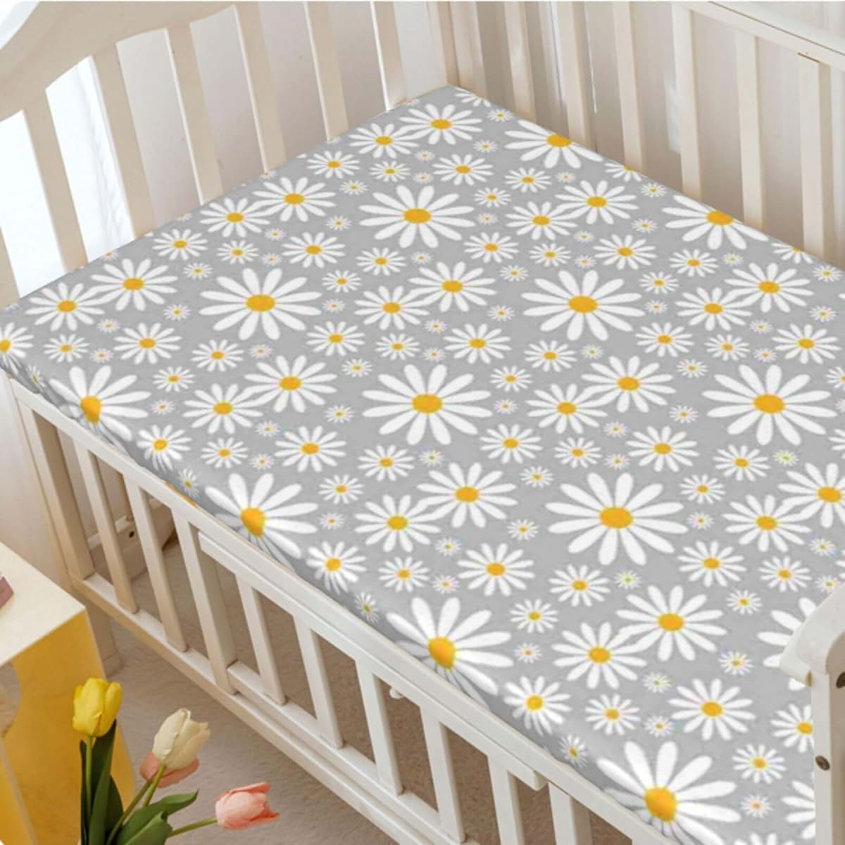 Fitted Mini Crib Sheets for Pack N Play Mattress (Earth Yellow/Pale Grey)