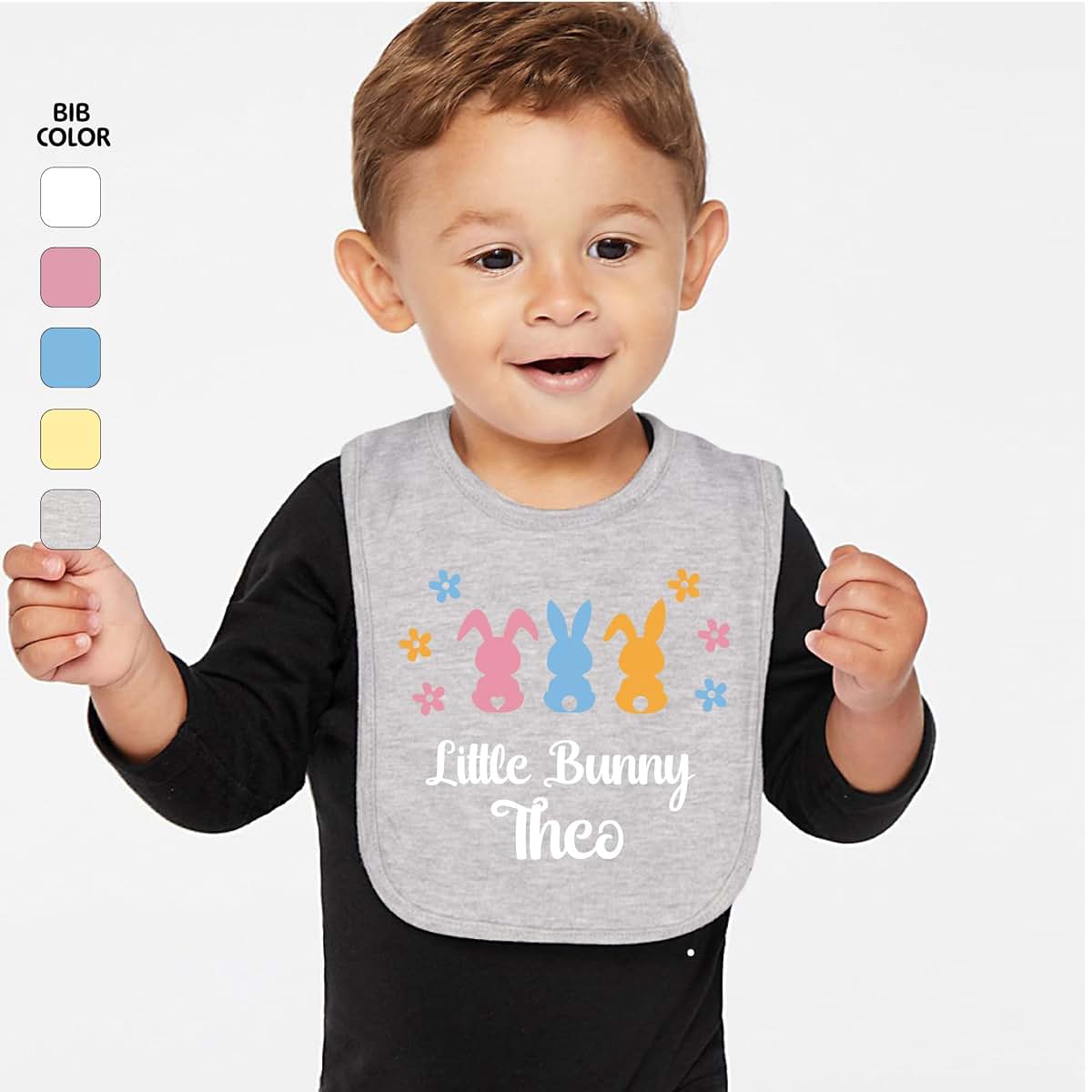 Smiling Jindo Personalized Easter Baby Bib with Pastel Bunny Trio (photo 2)