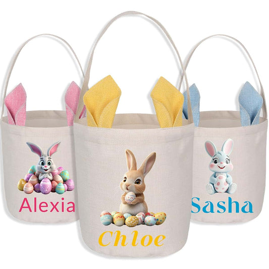 JJ GRADGOWN Personalized Easter Basket: Custom Name Bunny Bag Kids Party Bag Easter Bonus Gifts for Family Son Daughter