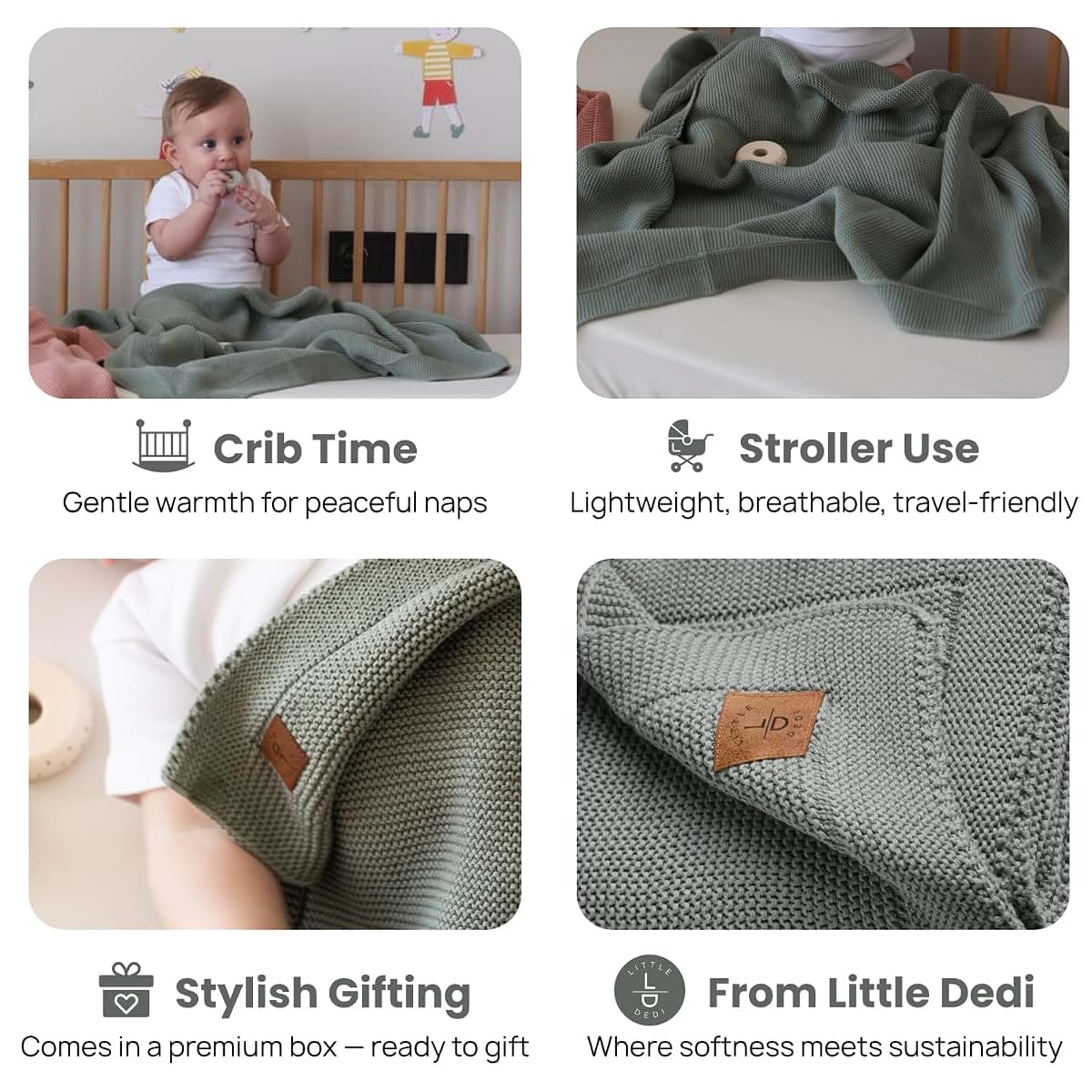 Little Dedi 100% Organic Cotton GOTS Certified Baby Knitted Blanket with Gift Box - Soft Toddler, Crib, Stroller (photo 3)