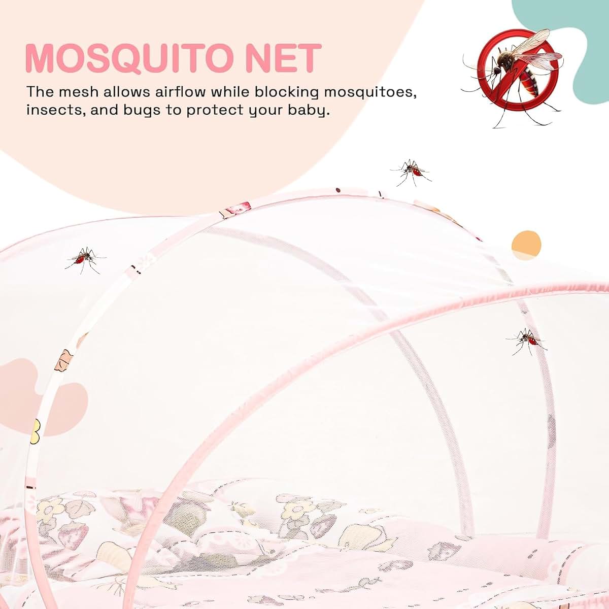 Baybee Baby Bedding Set With Mosquito Net, Mattress, And Neck Pillow - Little Nest Pink