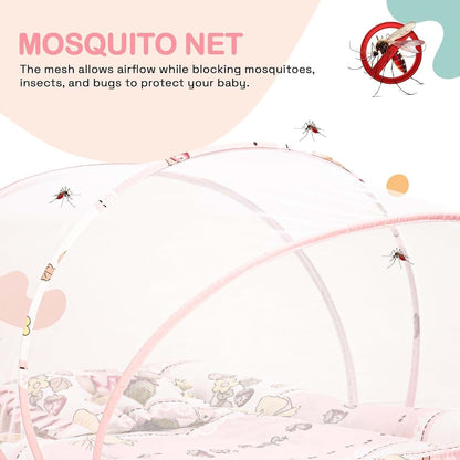 Baybee Baby Bedding Set With Mosquito Net, Mattress, And Neck Pillow - Little Nest Pink