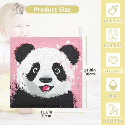 Cute Panda Pink Muslin Cotton Washcloths - 3 Pack Face Towels for Baby