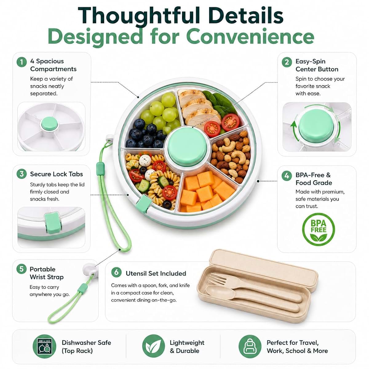Mex.Star Snackspin Portable 5-Compartment Snack Container With Cutlery Set (photo 3)