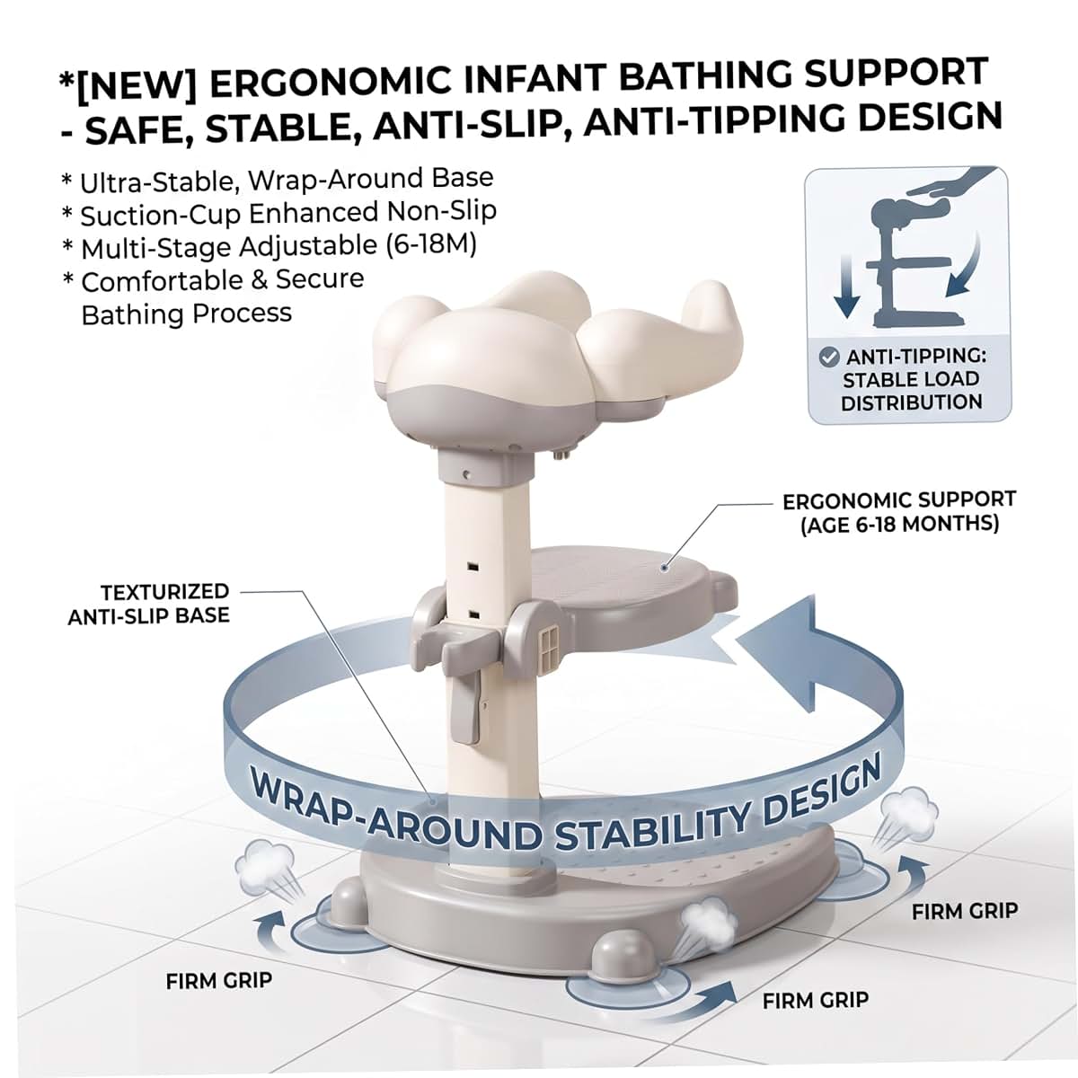 Bemonew Baby Shower Stand, Sturdy Bath Support, Gray, Fit (photo 2)