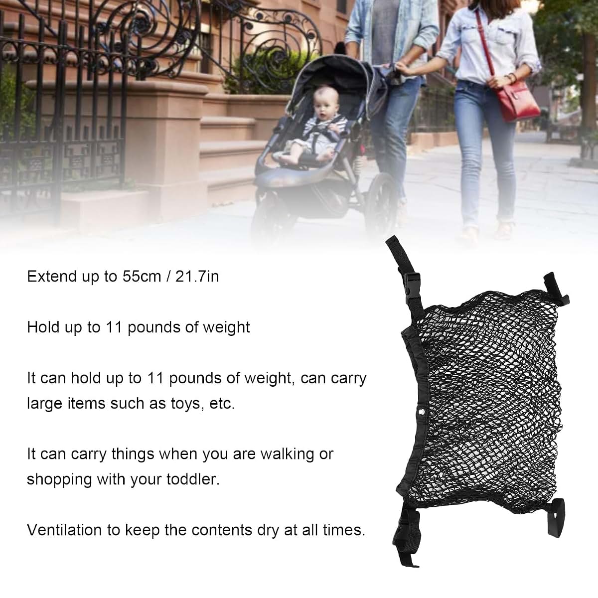 Oreilet Stroller , Adjustable Stroller Storage Bag, Polyester Net Mesh Hanging Bag, Extra Large Storage Space, Caddy (photo 3)