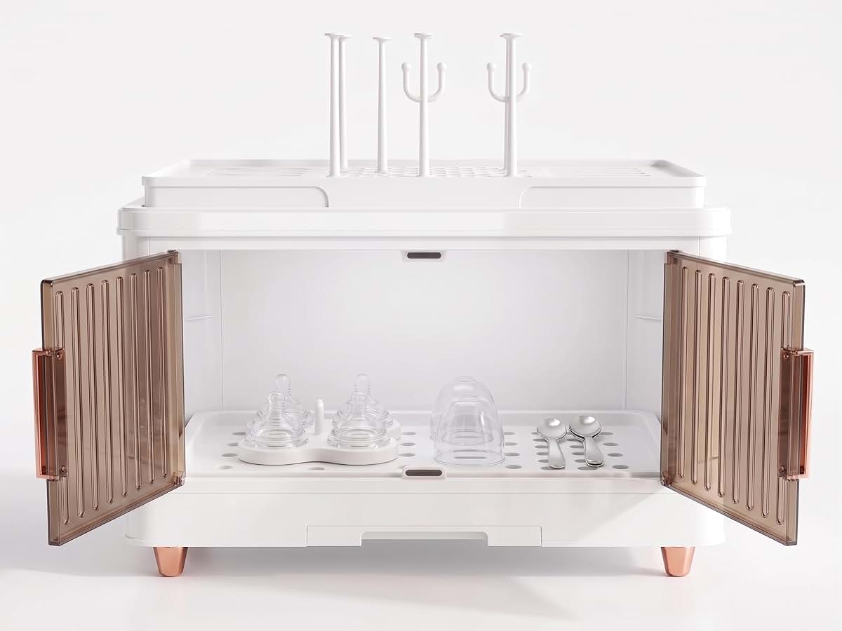 Vessy Baby Bottle Organizer for countertop with Drying Rack, Cover Dustproof Baby Bottle Storage Box Cabinet Station