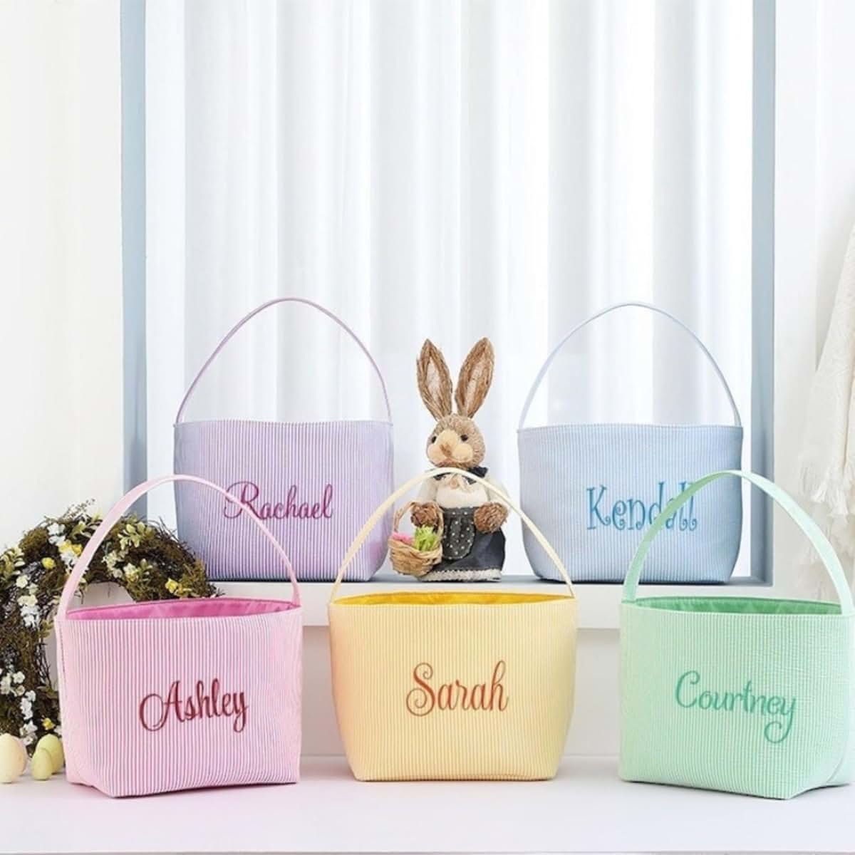 Qijundian Personalized Easter Basket Embroidered Easter Basket Embroidered Name Kids Basket Kid's Easter Basket (photo 2)