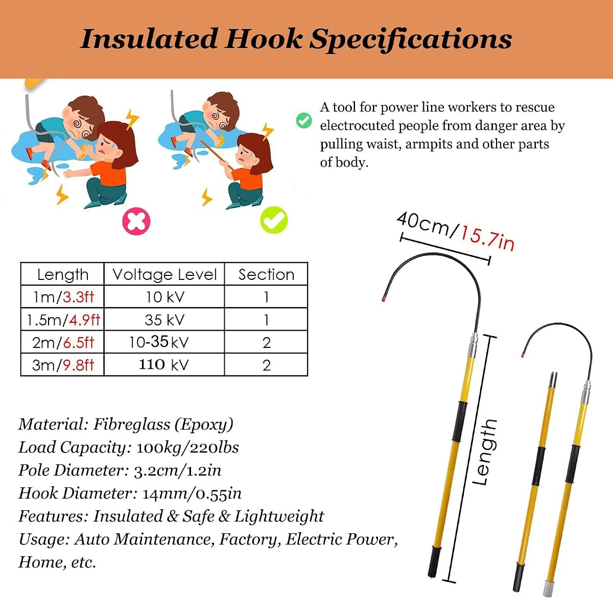 Insulated Rescue Hook for High Voltage Electrical Safety