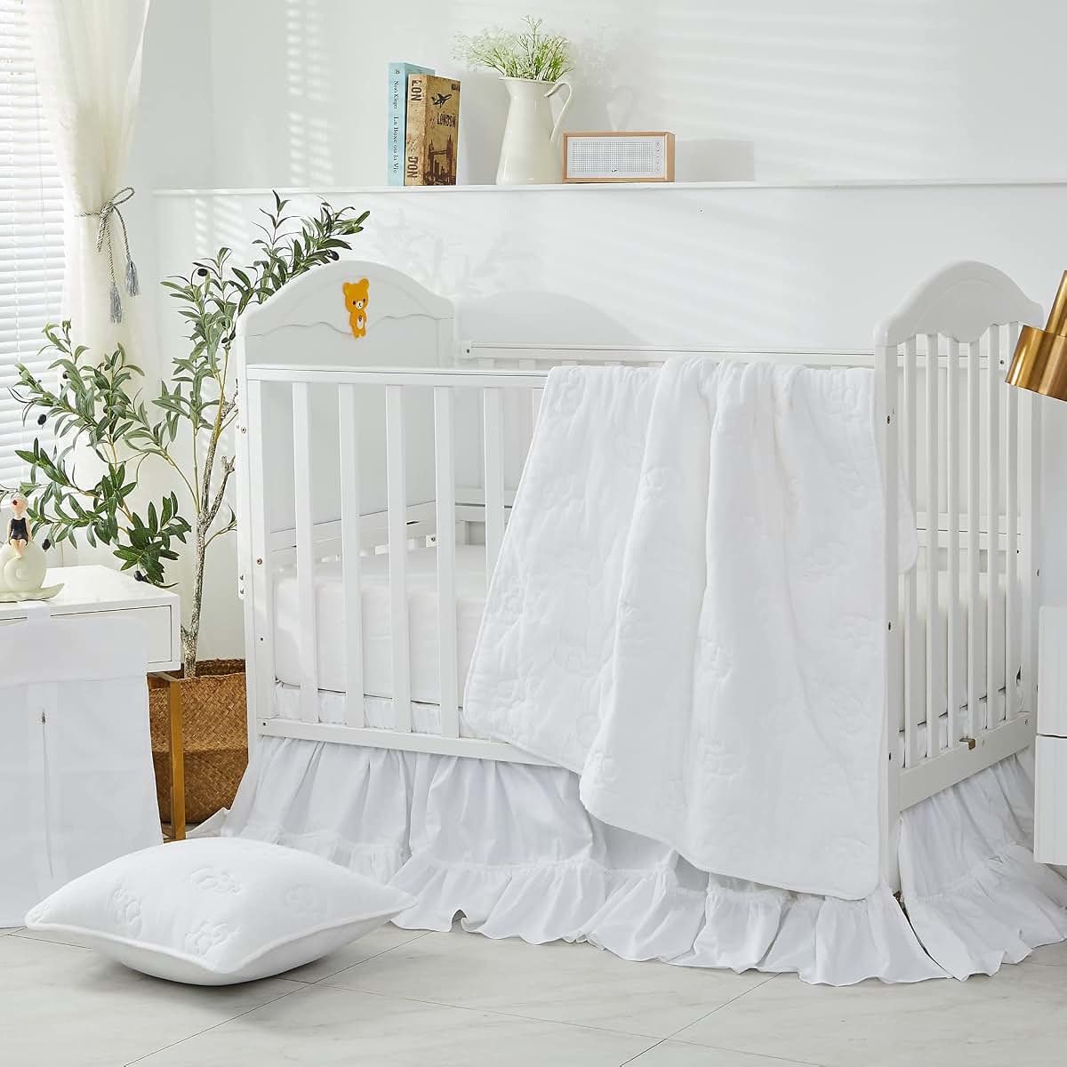 Brandream 6-Piece Cotton Crib Bedding Set with Elephant Embroidery and Ruffle Edge