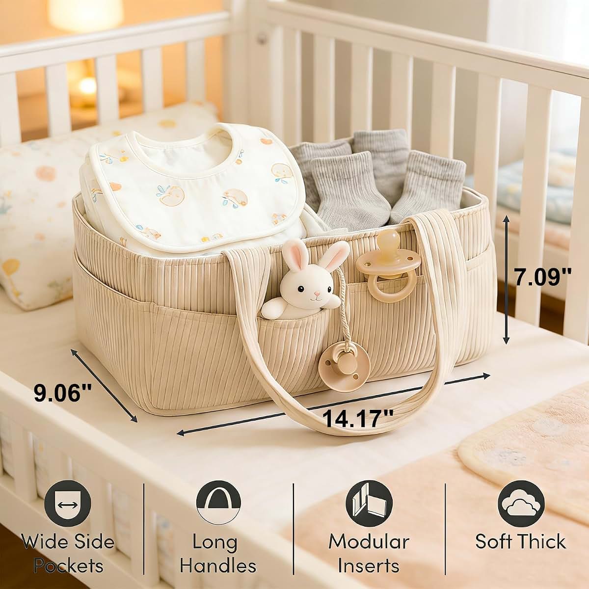 SVNR Baby Diaper Caddy Organizer - Corduroy Cream with Removable Dividers, 14x9x7 Inch