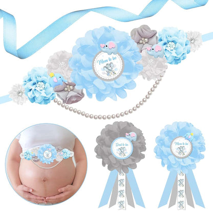 Joymemo Blue Gray Elephant Maternity Sash Kit With Corsage Pins