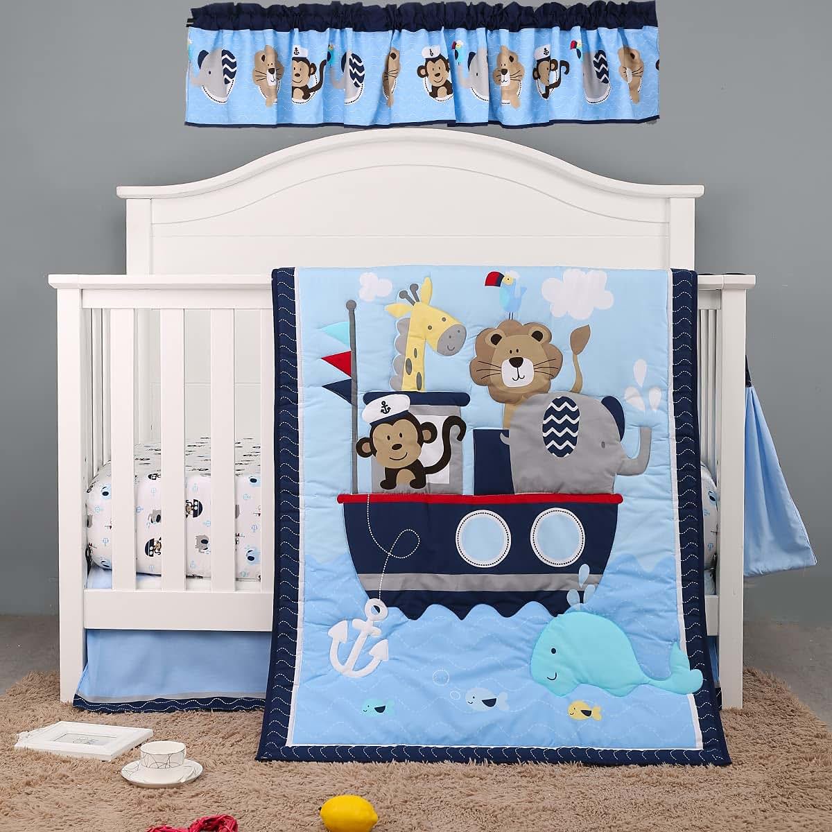 JAHbaby Noah's Ark Crib Bedding Set - Cotton Polyester Quilt, Fitted Sheet, Dust Ruffle & Window Valance