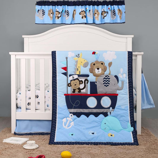 JAHbaby Noah's Ark Crib Bedding Set - Cotton Polyester Quilt, Fitted Sheet, Dust Ruffle & Window Valance