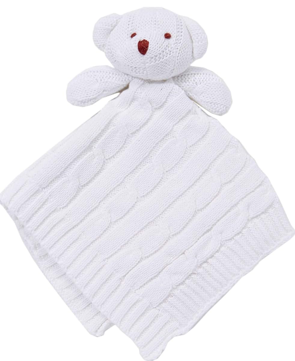 Baby Mode Newborn Baby Girl boy Toddler Cotton Cable Knit Security Blanket Crib Soothing Bear Head Gift Set (White)