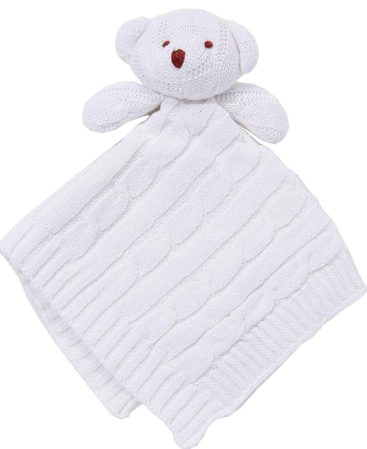 Baby Mode Newborn Baby Girl boy Toddler Cotton Cable Knit Security Blanket Crib Soothing Bear Head Gift Set (White)