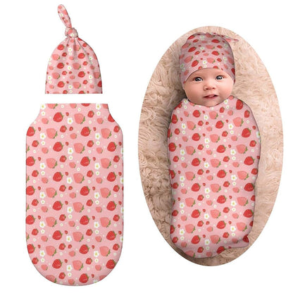 Qiohoey Cute Pink Strawberry Newborn Baby Swaddle Blanket with Beanie Hat Baby Receiving Blanket Gifts for Boys Girls