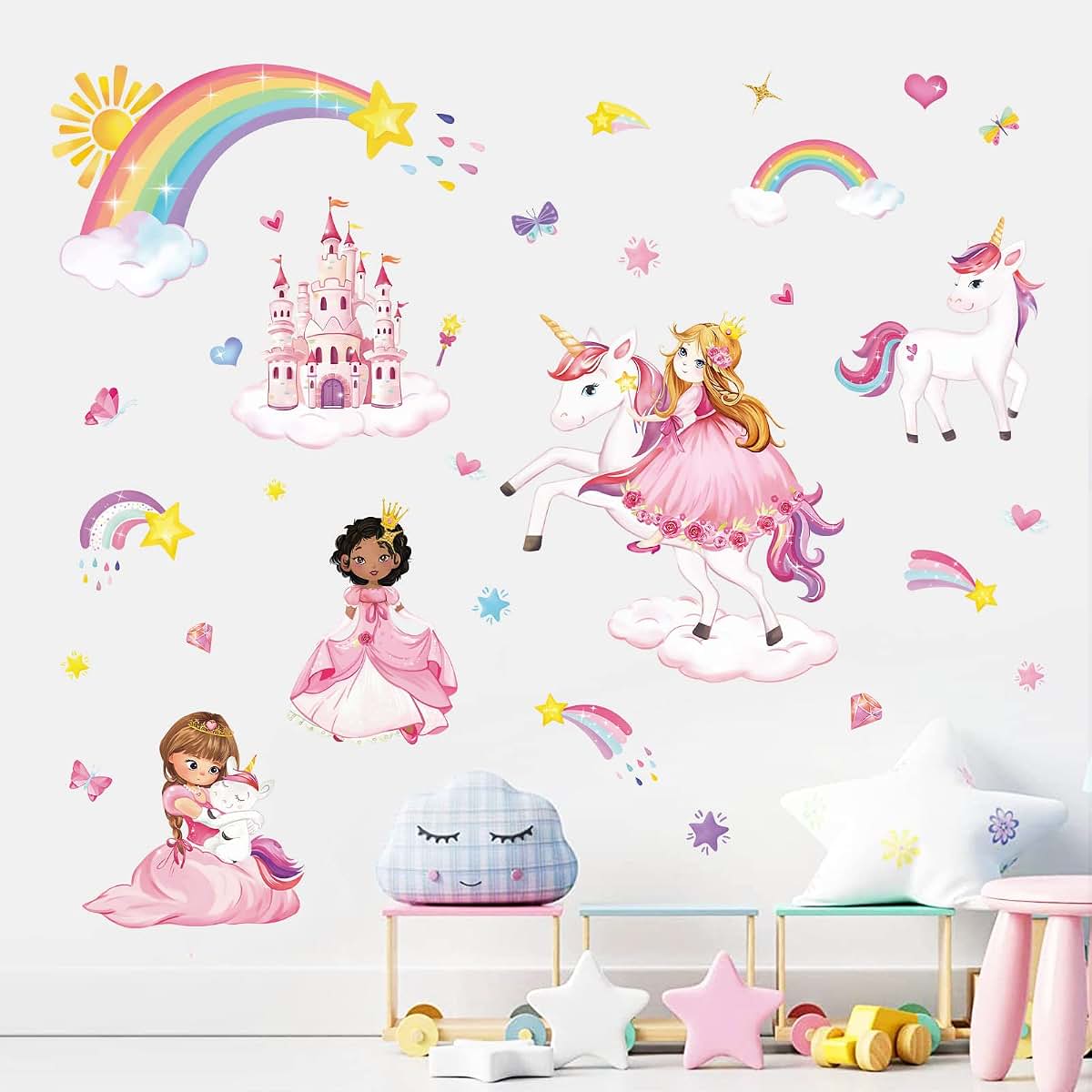 wondever Princess Unicorn Wall Decals Castle Rainbow Wall Stickers