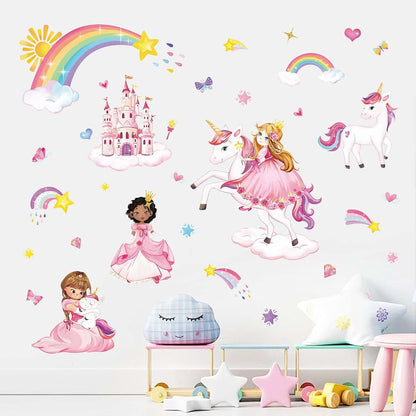 wondever Princess Unicorn Wall Decals Castle Rainbow Wall Stickers