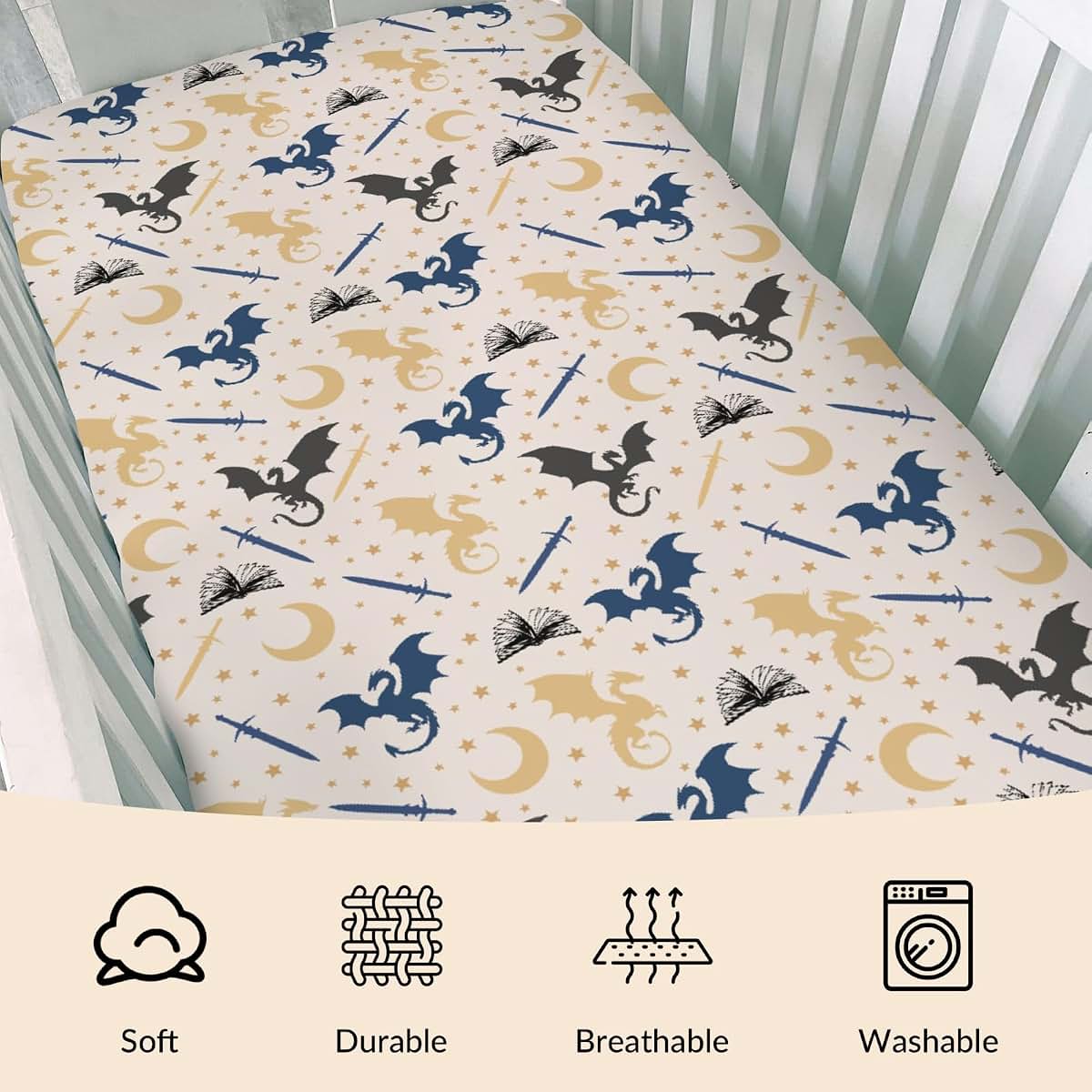 Cstdyfrv Fantasy Dragons Books Fitted Baby Crib Sheet, 28x52 Inches (photo 3)