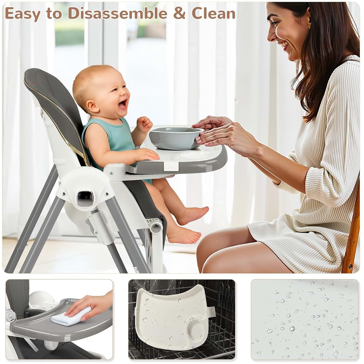 Folding Baby High Chair with Adjustable Height and Safety Harness