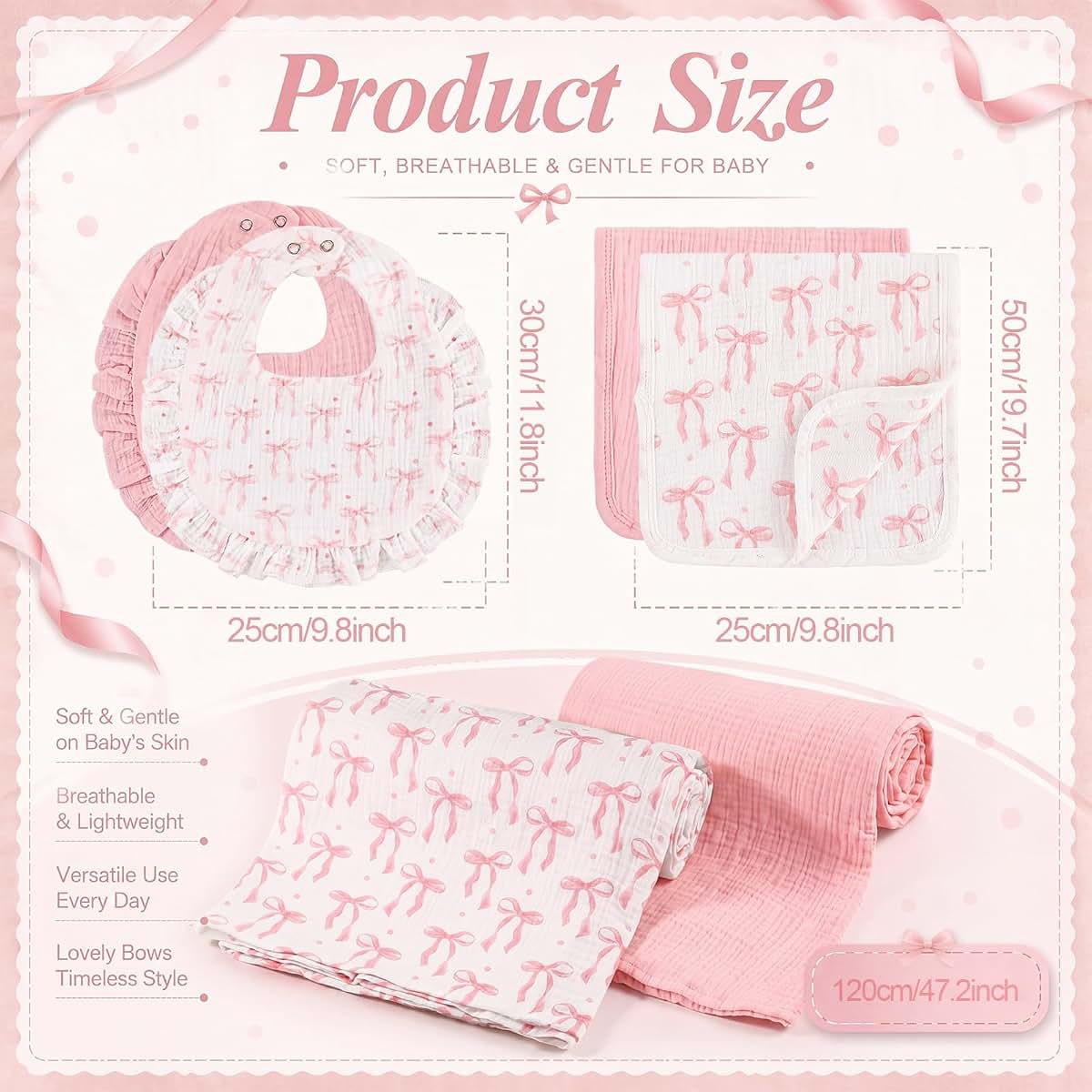 CrystalSylara Pink Bow 6 Piece Muslin Baby Gift Set with Swaddle Blankets, Burp Cloths and Bibs