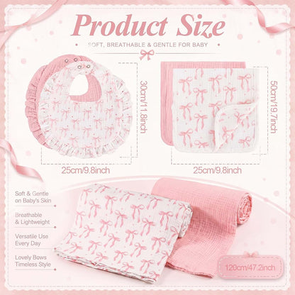 CrystalSylara Pink Bow 6 Piece Muslin Baby Gift Set with Swaddle Blankets, Burp Cloths and Bibs