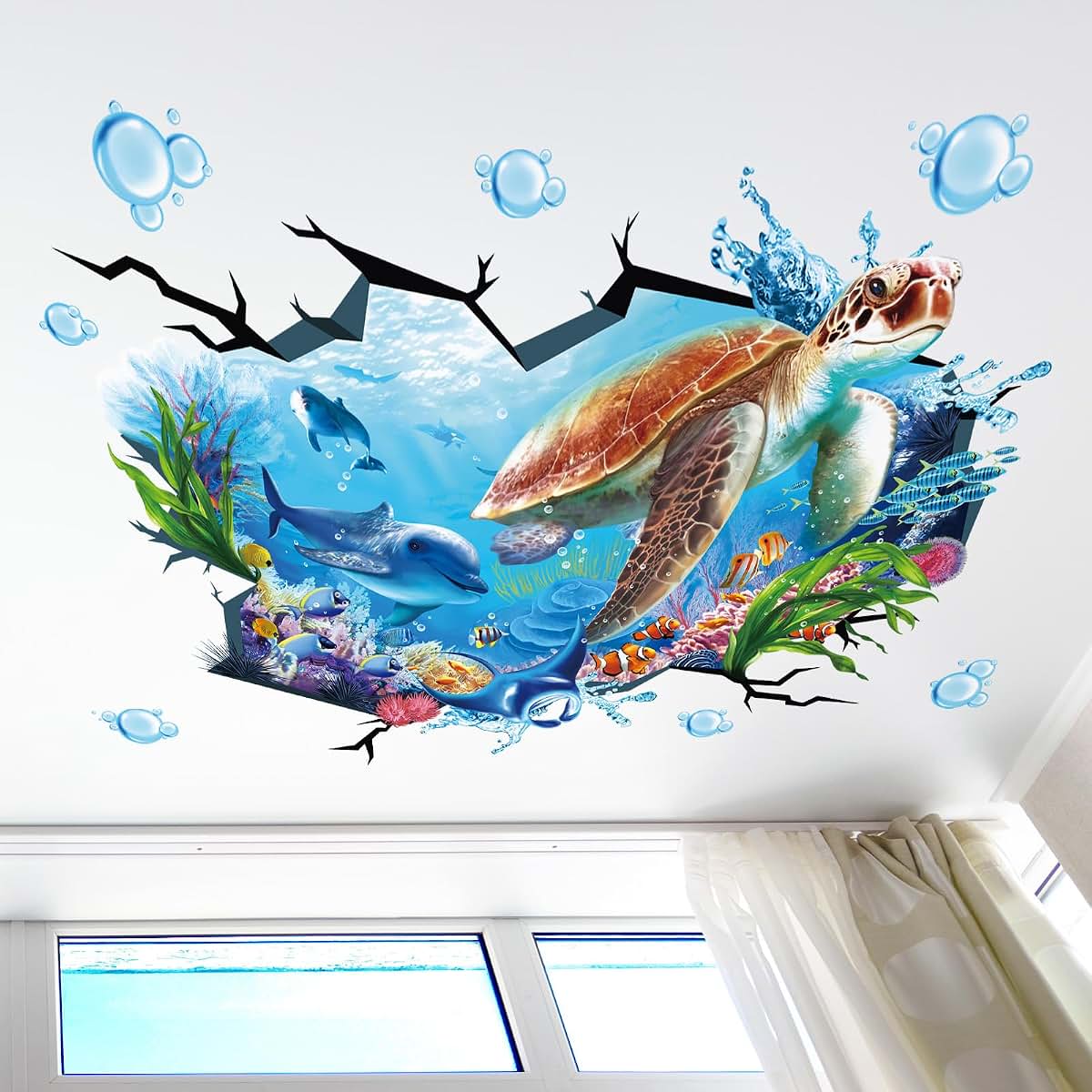 wondever 3D Turtle Under The Sea Wall Decals Ocean Dolphin Wall Stickers