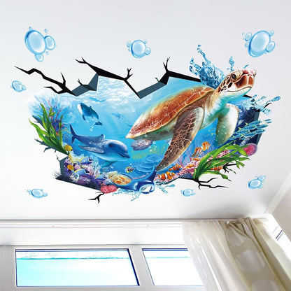 wondever 3D Turtle Under The Sea Wall Decals Ocean Dolphin Wall Stickers