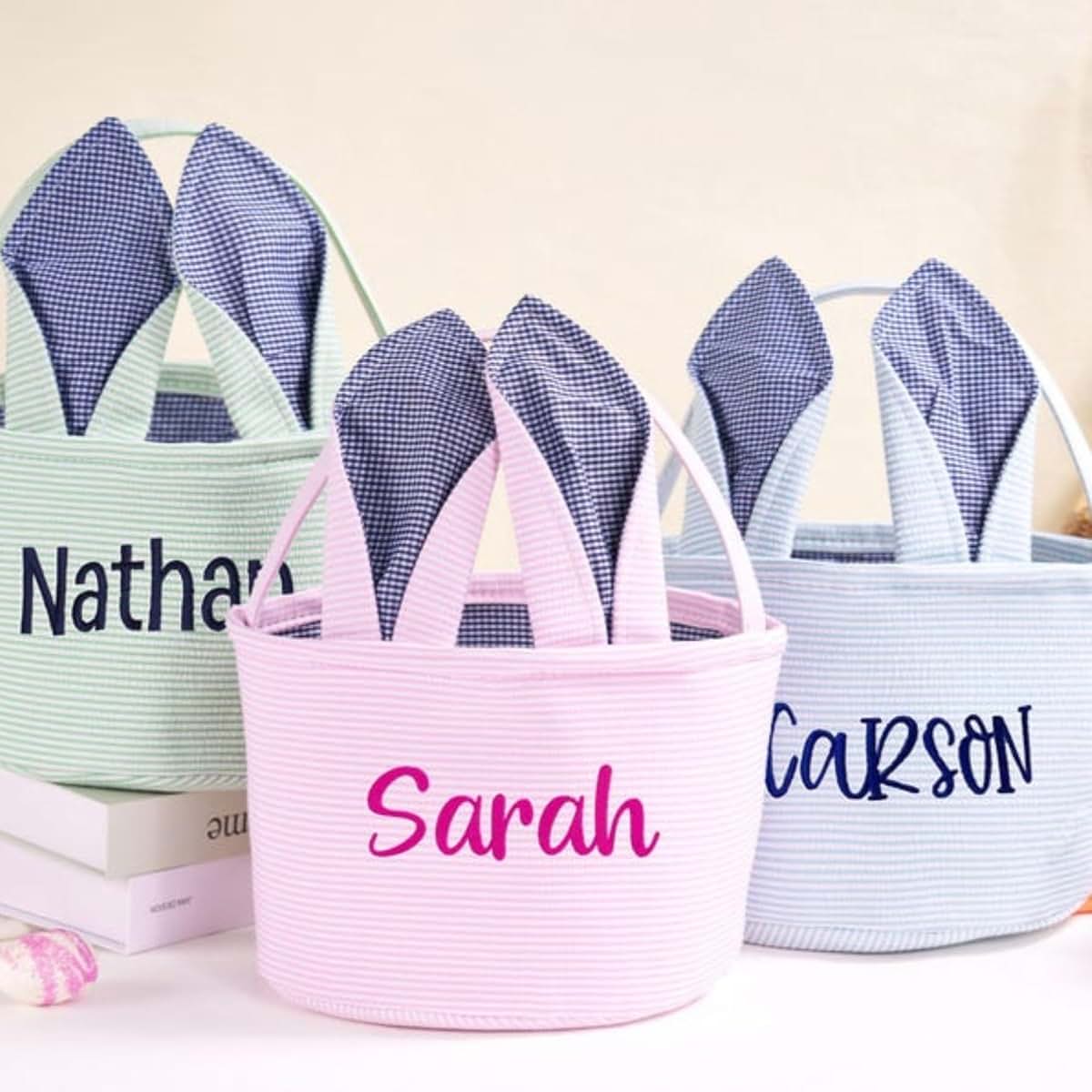 Qijundian Personalized Seersucker Easter Basket,Embroidered Easter Basket, Girls Boys Easter Basket,Custom Easter (photo 2)