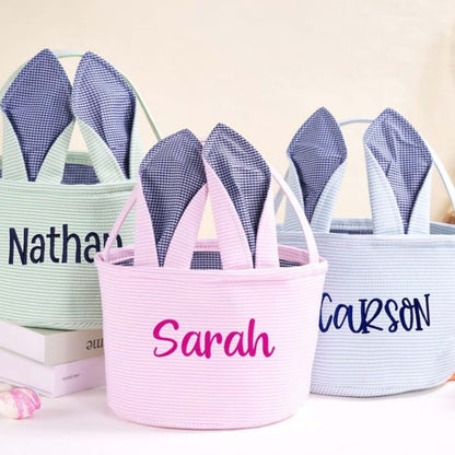 Qijundian Personalized Seersucker Easter Basket,Embroidered Easter Basket, Girls Boys Easter Basket,Custom Easter (photo 2)