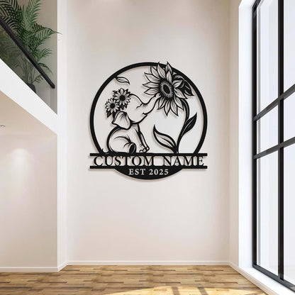 Starteeng Custom Baby Elephant with Sunflower Metal Wall Art – Personalized Nursery Name Sign with Customized – (photo 3)