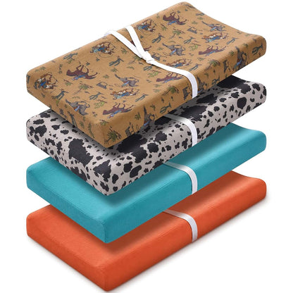 CrystalSylara 4 Pcs Western Cowboy Baby Changing Pad Covers for Boys and Girls Stretchy Soft Diaper Changing Table Pad