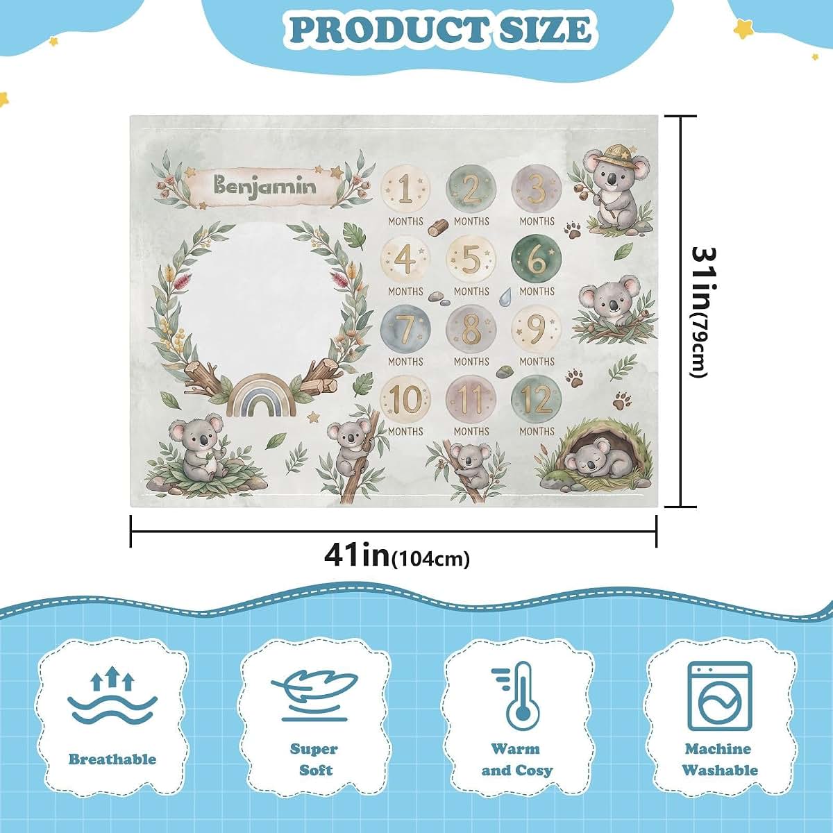 WEIKASSO Personalized Koala Milestone Baby Name Double Layer Swaddle Blanket (photo 3)