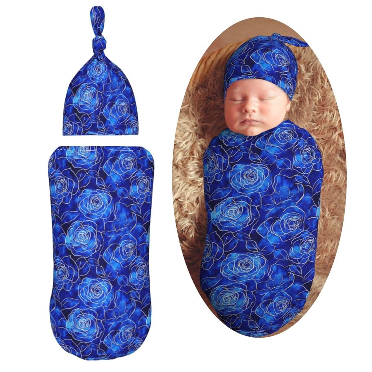 Muishi Blue Roses Pattern Newborn Swaddle Set