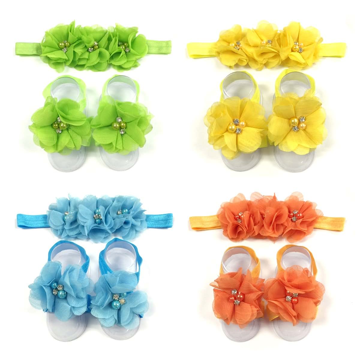 Wrapables Shabby Chic Flower Headband + Barefoot Sandals (Set of 4), Spring