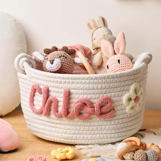 DOYOUWE Personalized Baby Gift Basket, Custom Name Cotton Rope Toys Storage Box For Newborn Boys/Girls, Nursery Decor