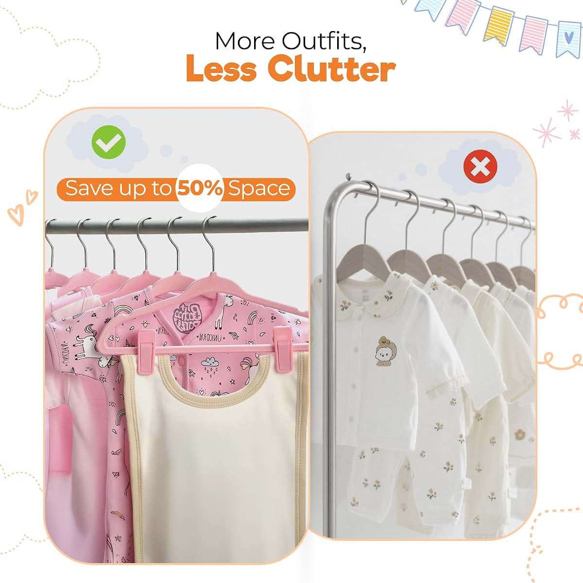 Babyrish Velvet Baby Hangers with Clips and Dividers - 30 Pack Pink