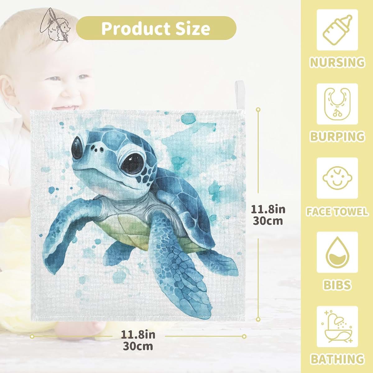 Susiyo Watercolor Sea Turtle Muslin Baby Washcloths, 5 Pack