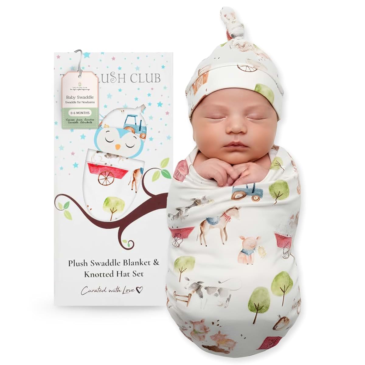 The Plush Club Bamboo Viscose Swaddle Blanket Set With Matching Hat