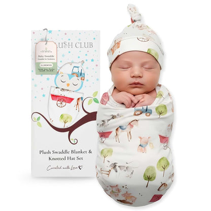 The Plush Club Bamboo Viscose Swaddle Blanket Set With Matching Hat