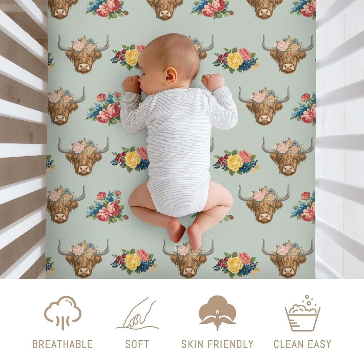 Selgkds Cowgirl Highland Cow Flowers Baby Crib Sheets (photo 3)