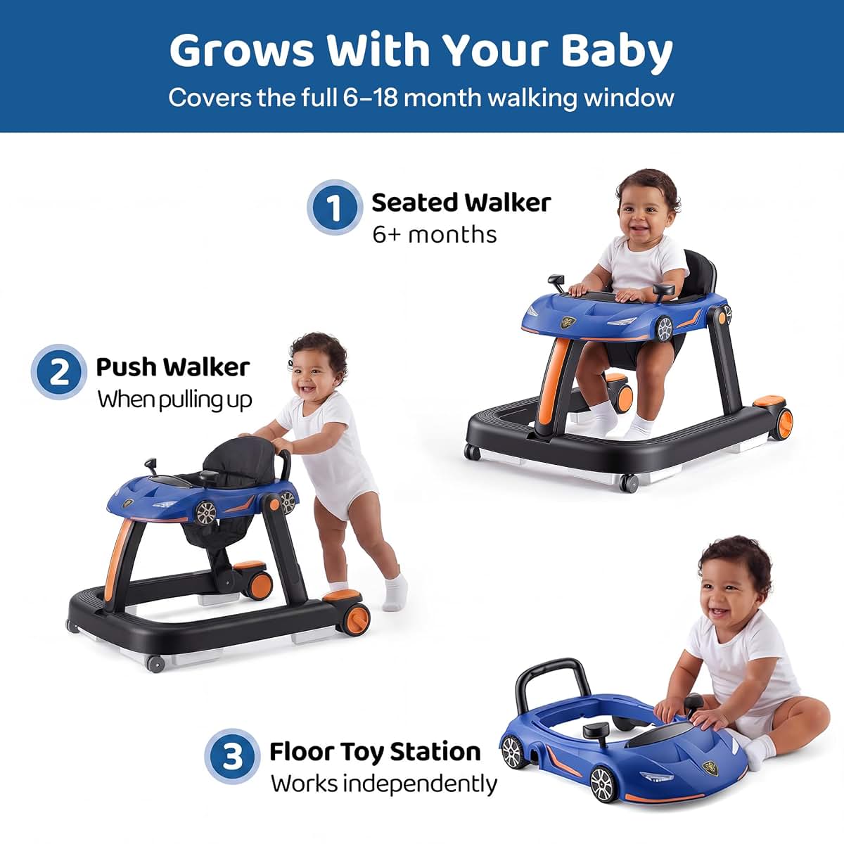 Tofuumi 4-In-1 Baby Walker With Adjustable Height, Speed, And Folds For Storage, 6-18 Months, Blue