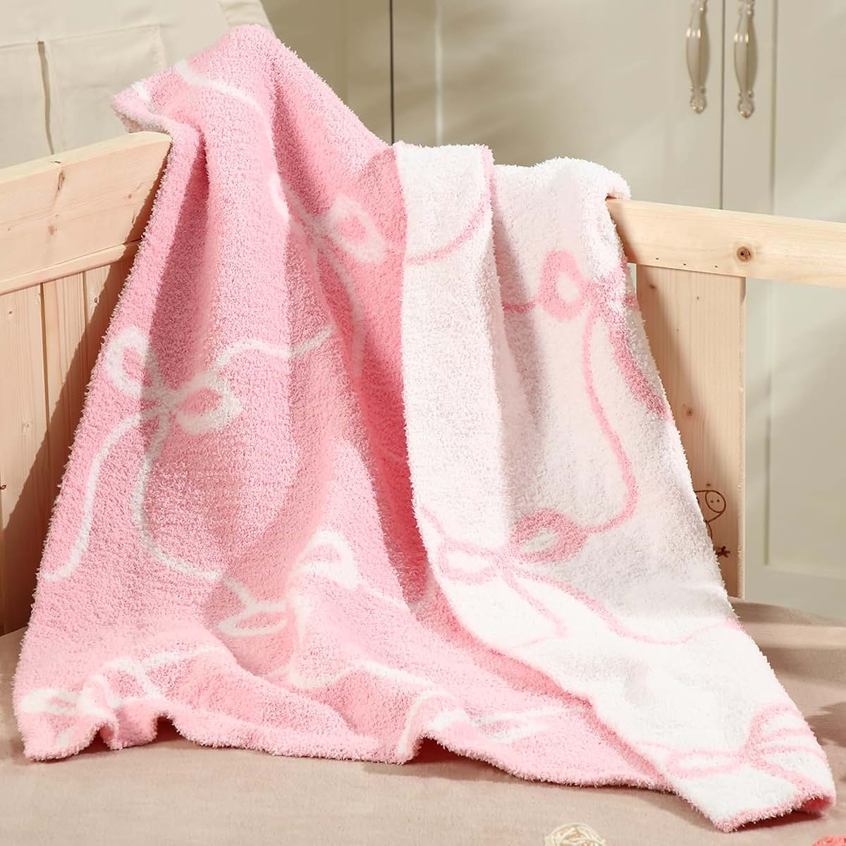 BabyOneStop Pink Bow Baby Blanket, Lightweight Corduroy Throw for Nursery