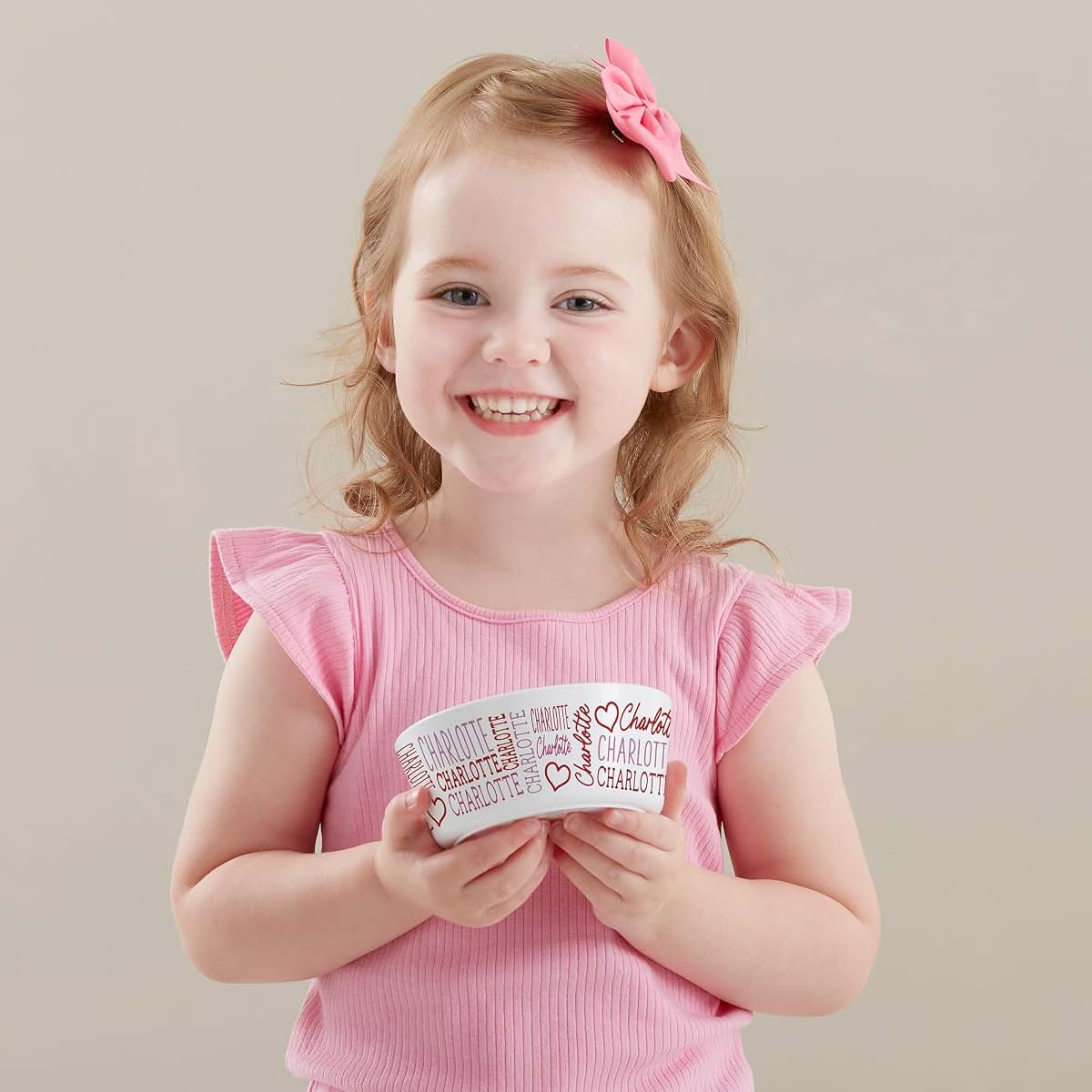 Personalization Universe Repeating Name Heart Personalized Kids Bowl (photo 3)