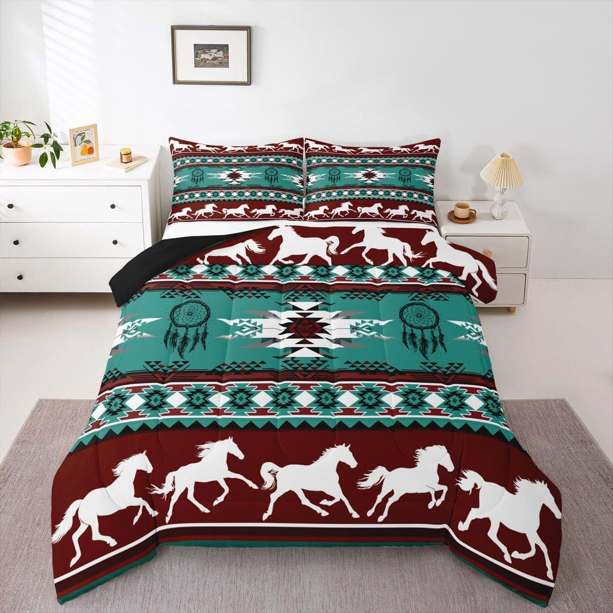 Feelyou Boho Toddler Comforter Set Southwestern Aztec Design Wine Red Teal Microfiber