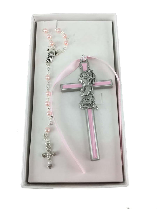 KeegansCatholicTreasures Girl Crib Cross and Rosary set Cross is 3 1/2 inches great baptism christening gift keepsake